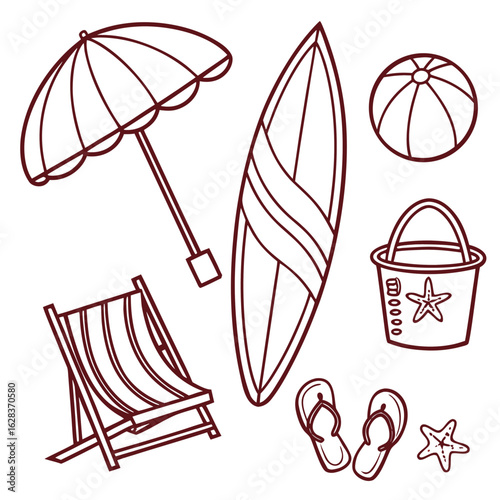 An outline drawing showcasing beach themed items including a chair surfboard and umbrella in a simple style