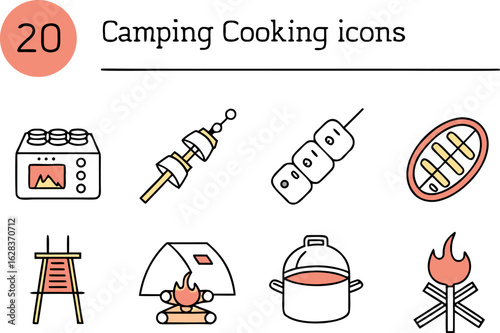 Illustration of camping cooking icons including grill skewer marshmallow tent campfire and cooking pot items