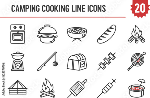 Illustration of camping and cooking icons including oven, pot, grill, sausage and campfire in line art