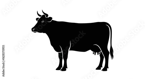 Black silhouette of a dairy cow standing on a white background