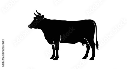 Black silhouette of a dairy cow standing on a white background