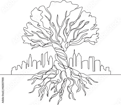 Single continuous line drawing of a large tree with sprawling roots transforming into a city skyline, symbolizing nature and urban connection

