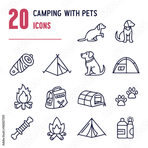 Illustration showing camping with pets icons including dogs tents campfires and camping related equipment