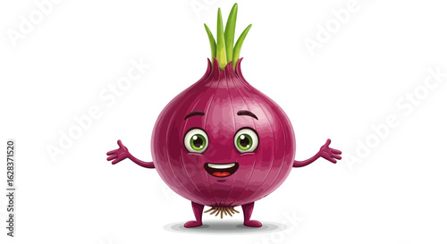 Happy cartoon red onion character waving hello