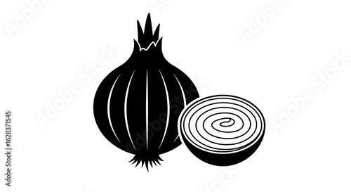 Black and white icon of a whole onion and a sliced onion