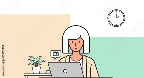 Freelance photographer working at home with laptop and camera icon concept