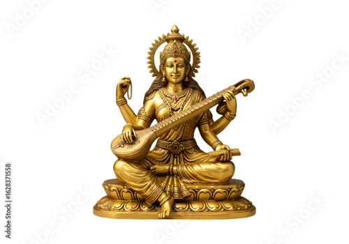 Golden Statue of Goddess Saraswati on Transparent Background