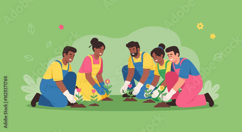 Group of Diverse Volunteers Planting Flowers in Garden on a Sunny Day Illustrative