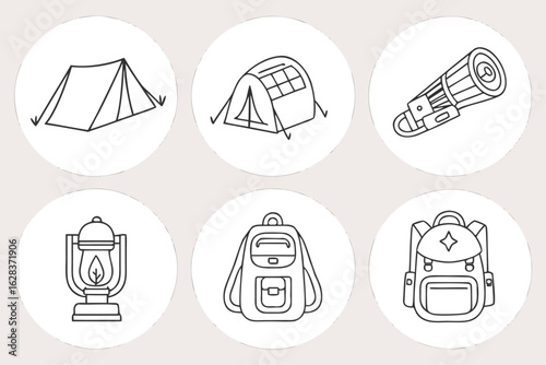 Collection of camping icons featuring tents, sleeping bag, lantern and backpacks in a circular arrangement