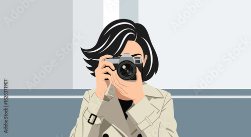 Illustrated woman with short black hair and a beige coat taking a photograph