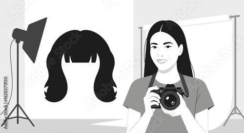 Illustration depicting a photographer in a studio environment with lighting equipment and backdrop
