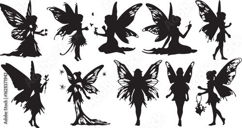 Set of Ten Black Silhouette Fairy Illustrations with Intricate Wings fairies