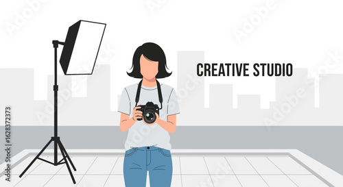 Illustration of a Photographer in a Creative Studio with Professional Lighting Equipment for