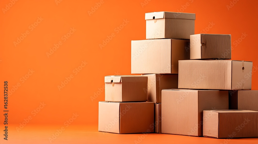 Stacked Cardboard Boxes on Orange Background for Packaging and Storage Stacked Cardboard Boxes on Orange Background for Packaging and Storage