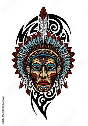 Native American chief's face with headdress and tribal tattoo design, rendered in a colorful and detailed vector illustration.