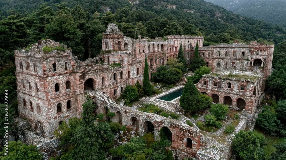Fototapeta premium Aerial view of a crumbling monastery complex nestled in a mountain valley