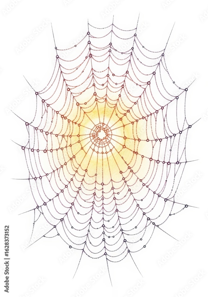 Fototapeta premium Sunrise Spiderweb Dewdrops - A detailed illustration of a spiderweb glistening with morning dew, symbolizing fragility, nature's artistry, patience, the passage of time, and hidden beauty