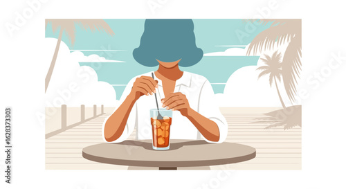 Illustration of a woman enjoying a refreshing iced drink at a tropical seaside cafe
