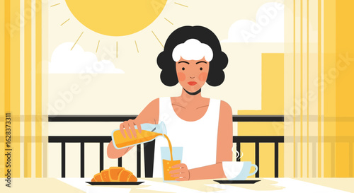 Illustration of a woman enjoying a sunny breakfast with juice and croissant on her balcony