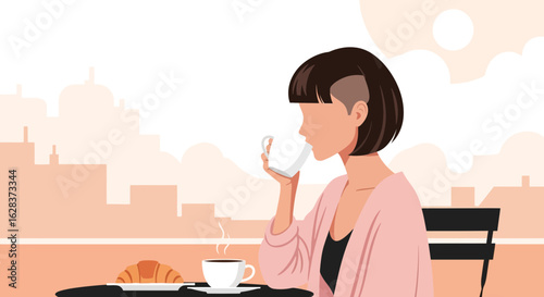 Illustration of a woman enjoying coffee and a croissant in a Parisian cafe at dawn