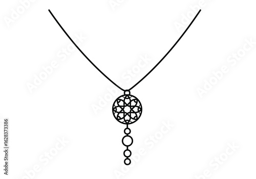 Outline of a necklace with a circular pendant and beads jewelry chain Vector illustration of