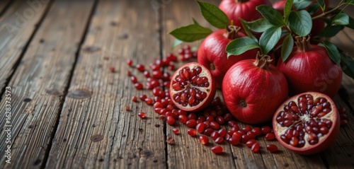 A rustic wooden table with ripe red pomegranates and seeds