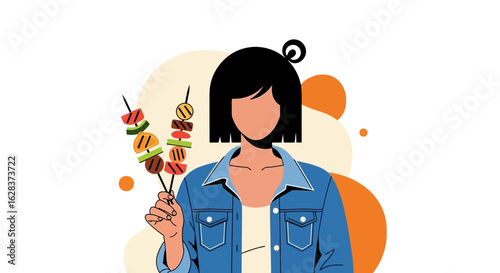 Illustration of a woman holding shish kebabs, perfect for food blogs and culinary arts materials