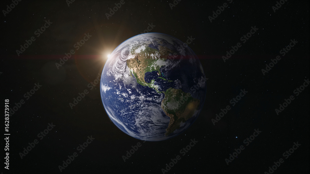 Fototapeta premium Earth globe showing sunrise shining over space continents and planet