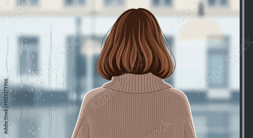 Illustration of a woman looking out a rainy window with calm contemplation scene
