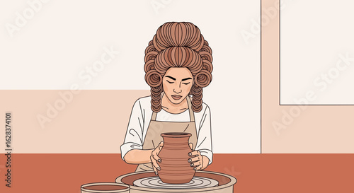 Illustration of a woman pottery artist creating a vase on a pottery wheel in studio