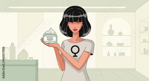 Illustration of a woman presenting a cosmetic product for skincare and beauty routine