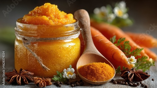 Fototapeta Naklejka Na Ścianę i Meble -  Carrot puree in jar, spices