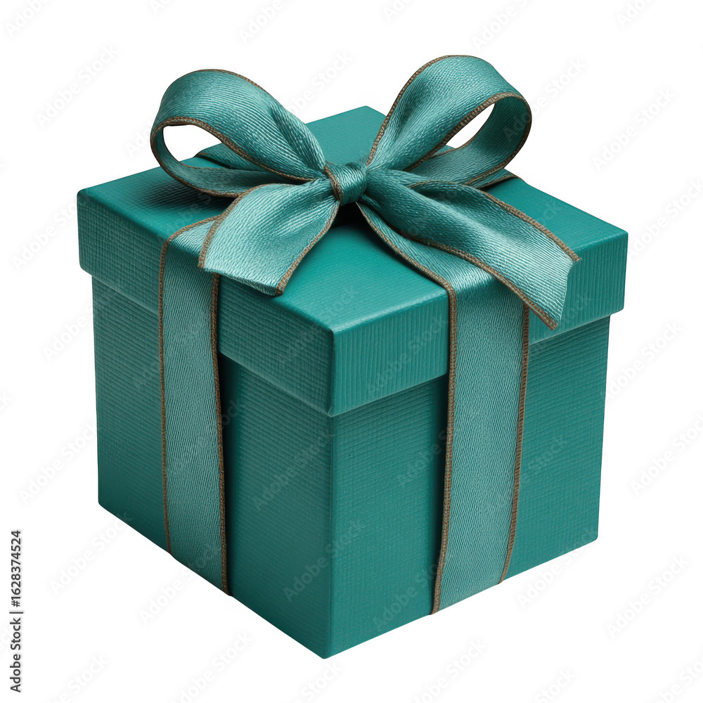 Obraz premium Elegant teal gift box with satin ribbon and bow isolated on transparent background