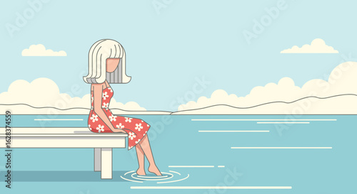 Illustration of a woman sitting on a pier, feet in the water, on a sunny day contemplating and