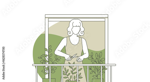 Illustration of a woman tending to her balcony garden enjoying peaceful time