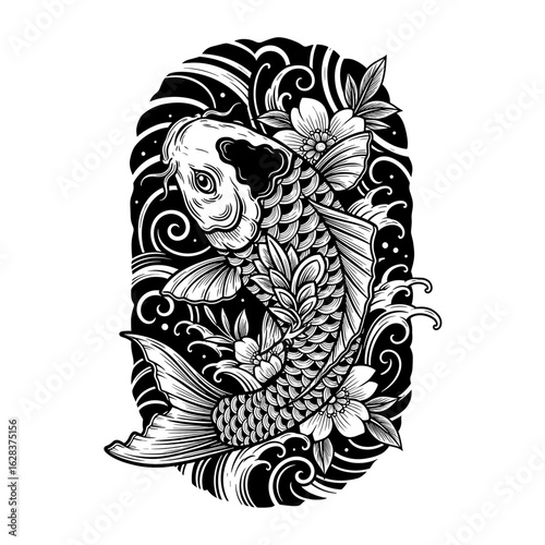 Elegant black and white koi fish tattoo design, intricately detailed with swirling waves and cherry blossoms.
