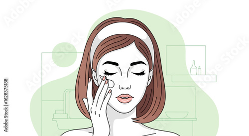 Illustration of a young woman applying skincare cream for a beauty routine facial self care