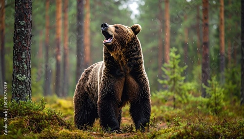 Bear in Forest With Rainfall, Captivating Wild Animal Scene