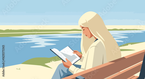 Illustration of a young woman reading a book on a bench by the lake enjoying nature and fresh air