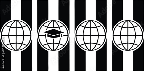 Four aviation pilot uniform insignia with globe symbols and one featuring a graduation cap representing rank and achievement