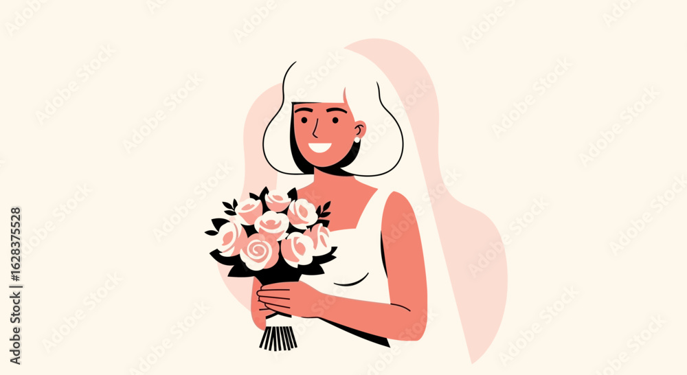 Fototapeta premium Illustration of a young woman wearing a wedding dress and holding a bouquet of roses