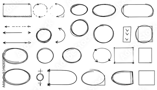 Hand-drawn black marker shapes and arrows on white background for graphic design elements