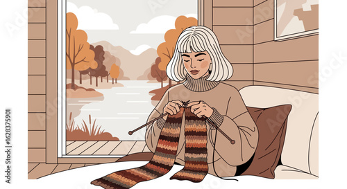 Illustrative depiction of a woman knitting by a window overlooking an autumn landscape in soft