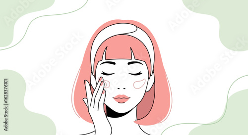Minimalist illustration of a woman applying skincare products with closed eyes for wellness routine