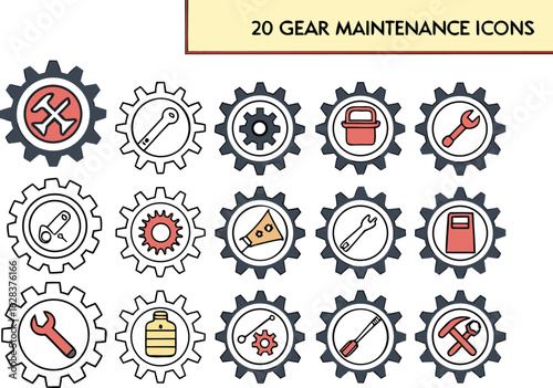 Illustration showing twenty gear maintenance icons including wrenches, tools, and containers arranged neatly