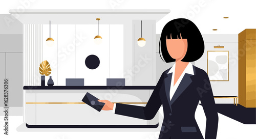 Professional woman checking in at a hotel reception desk showcasing hospitality and customer