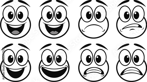 Collection of eight cartoon faces displaying a range of happy and sad emotions with expressive eyes and mouths