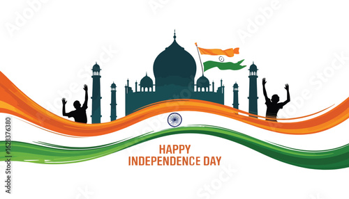 Stylized Taj Mahal silhouette with Indian flag, celebratory figures, and “Happy Independence Day” message—symbolizing patriotism and unity