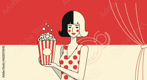 Retro cinema illustration featuring a woman with popcorn at the movies