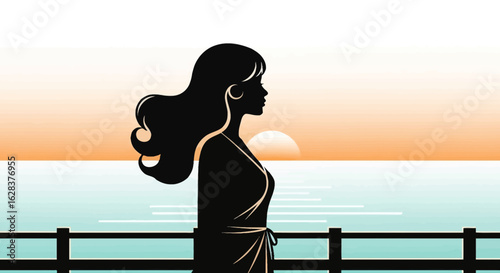 Silhouette of a woman overlooking a tranquil seascape during sunset with wavy hair